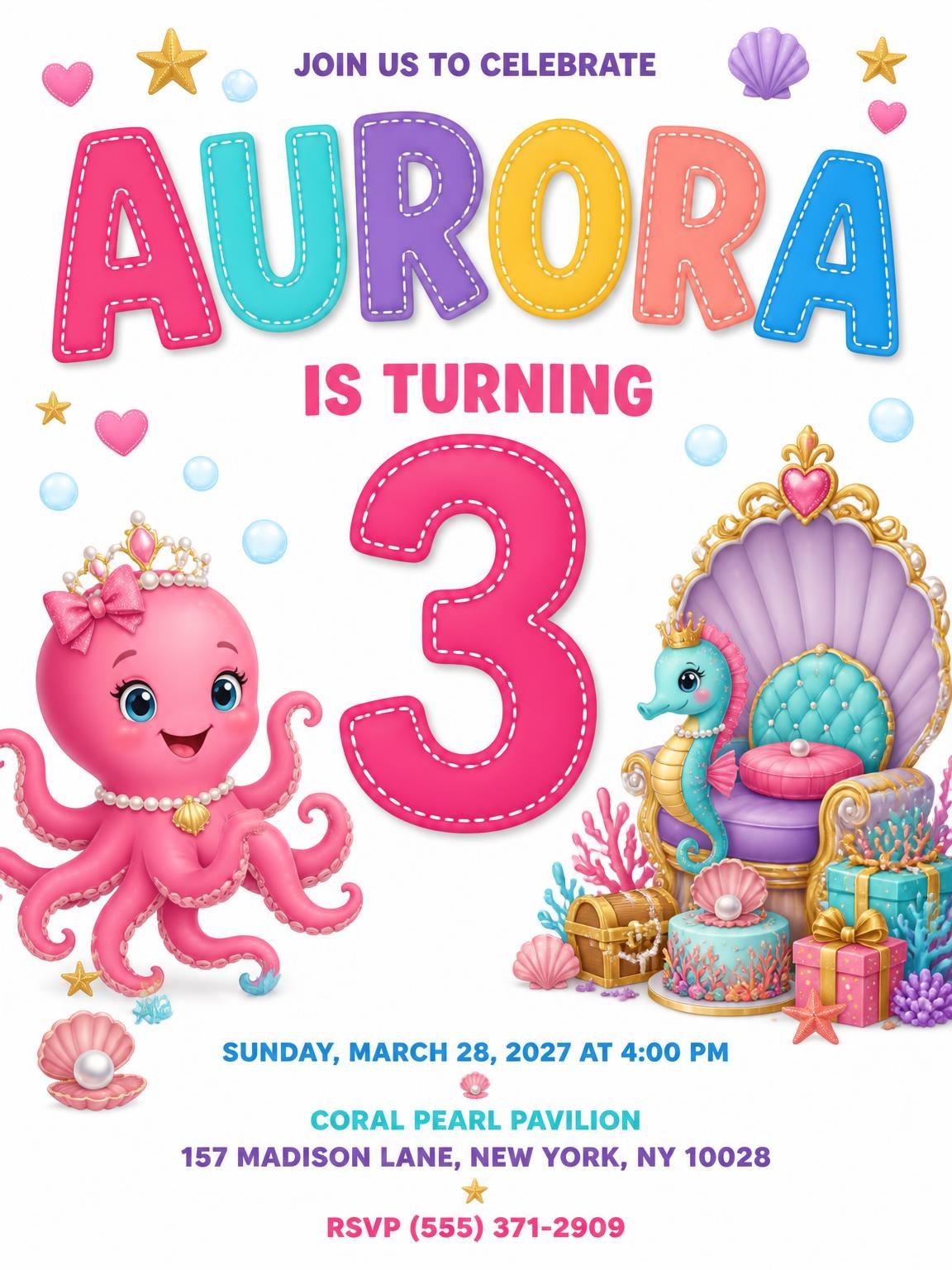 Princess Octopus 3rd Birthday Invitation