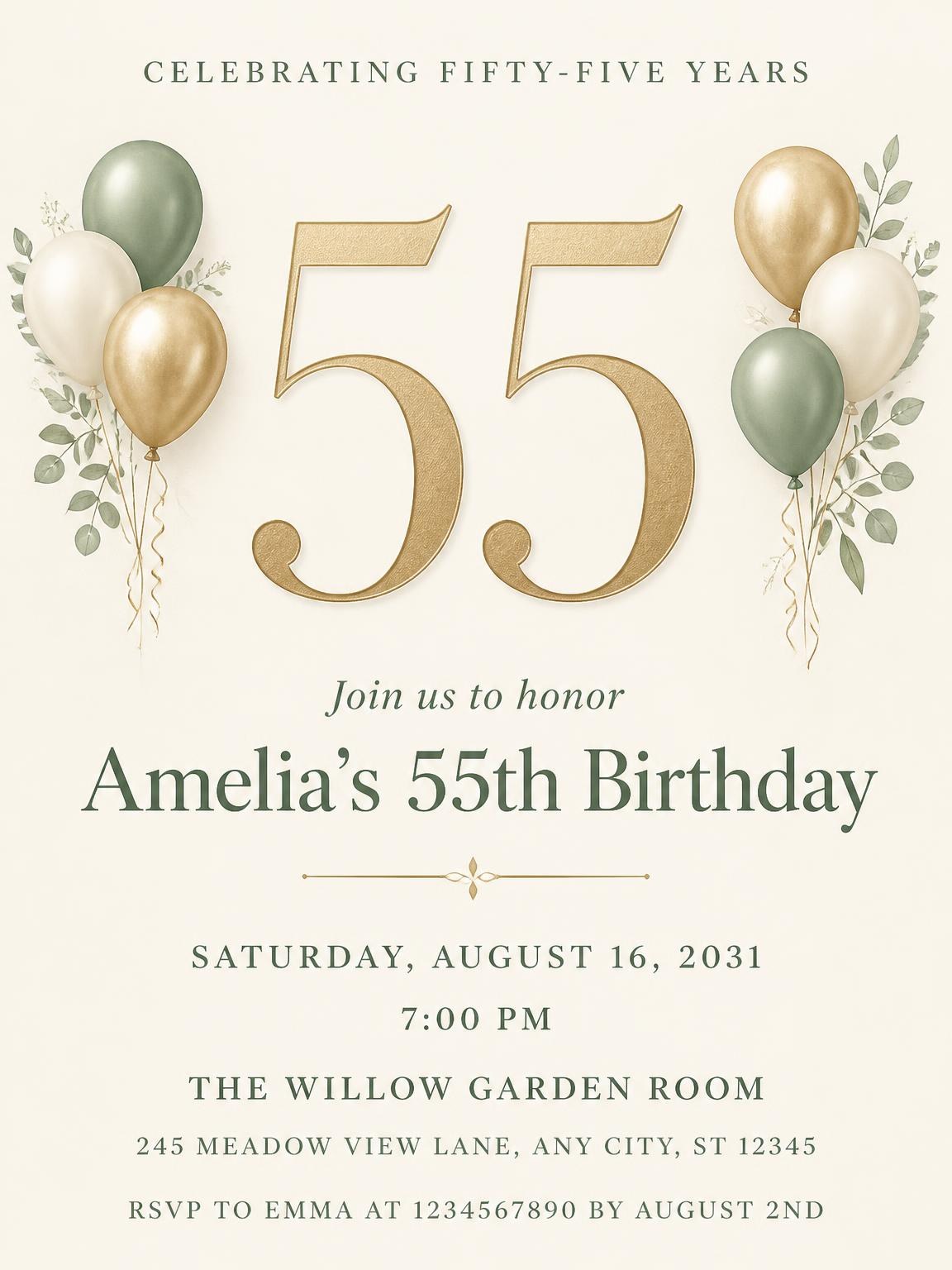 Sage and Ivory 55th Birthday Invitation