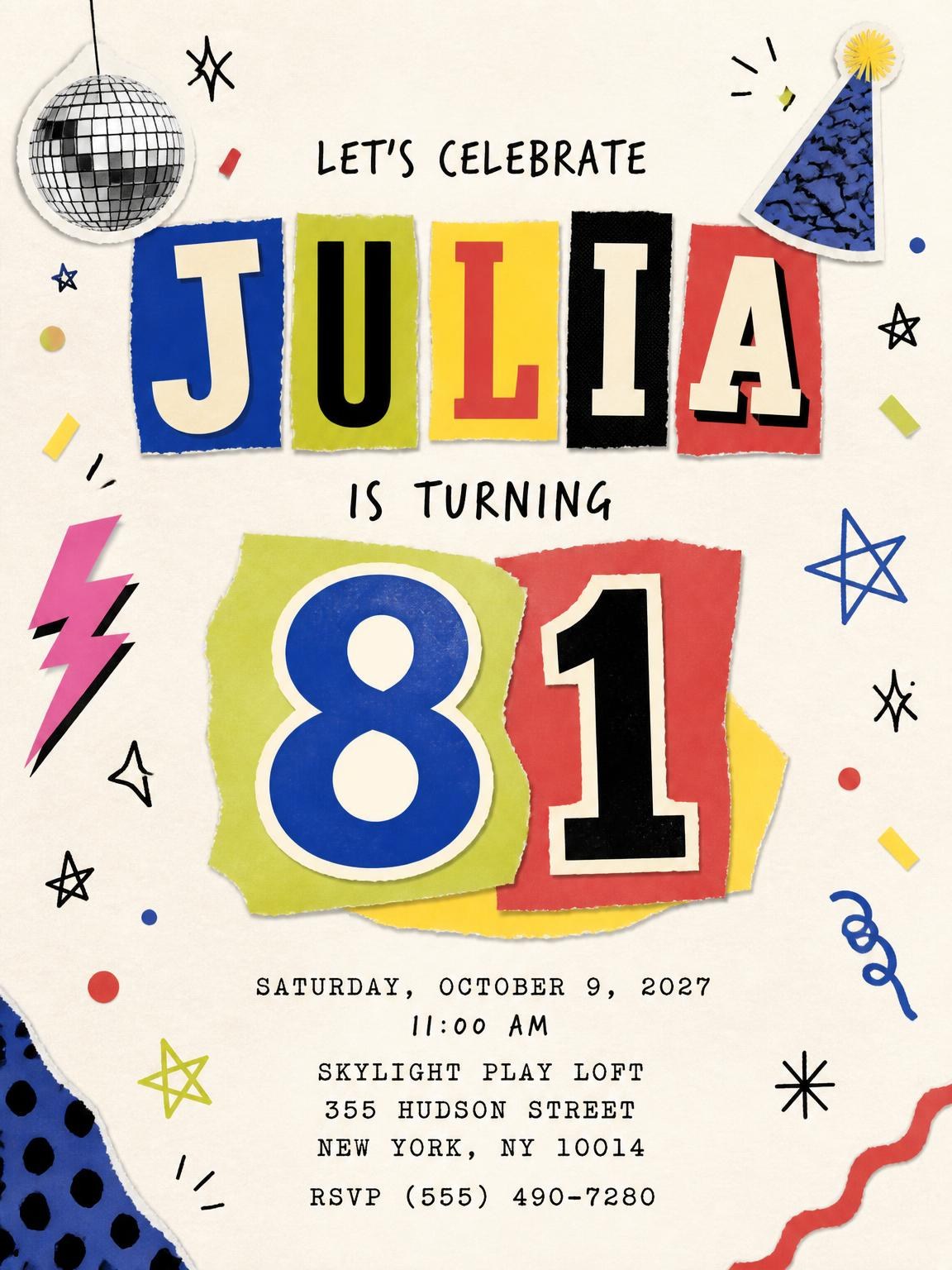 Retro Paper Collage 81st Birthday Invitation