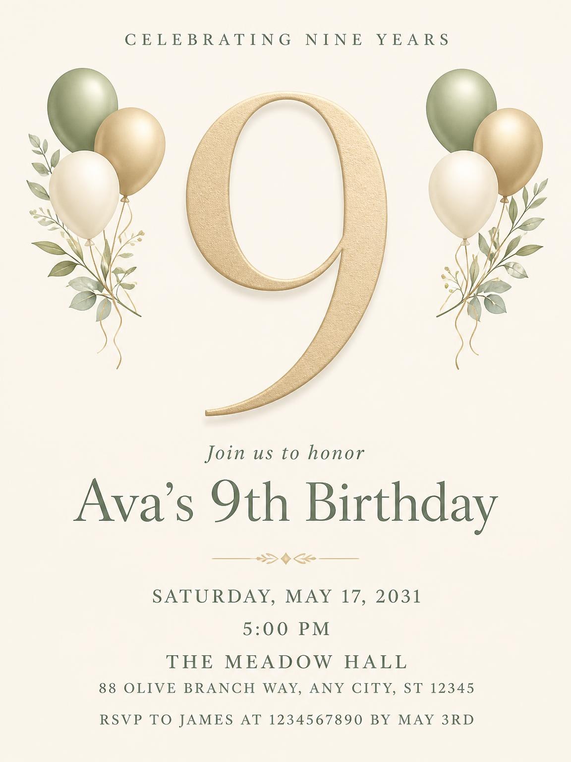 Sage and Ivory 9th Birthday Invitation