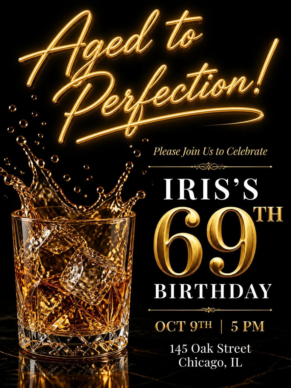 Whiskey Glass 69th Birthday Invitation