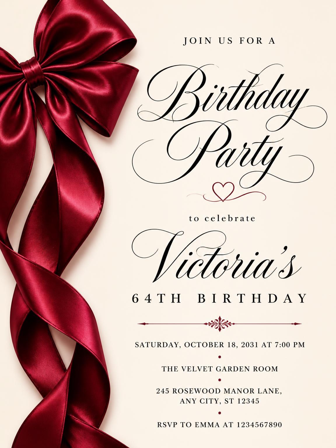 Burgundy Satin Bow 64th Birthday Invitation