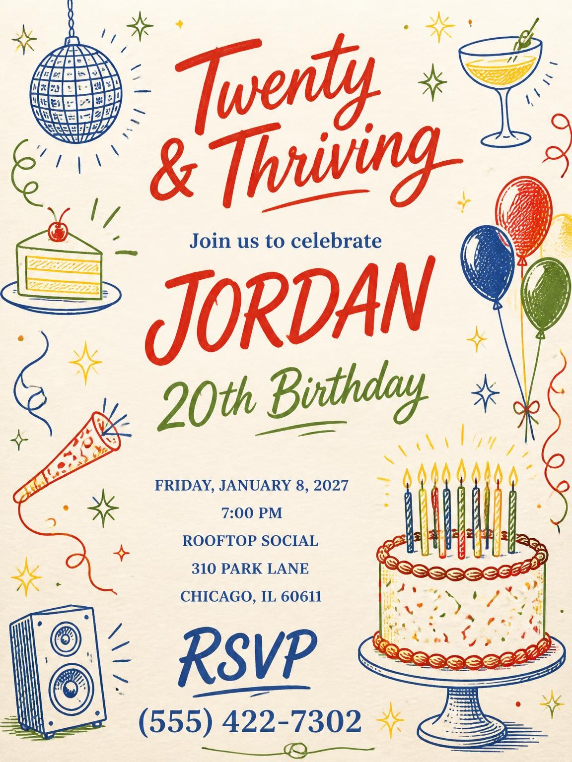 Retro Doodle 20th Birthday Invitation