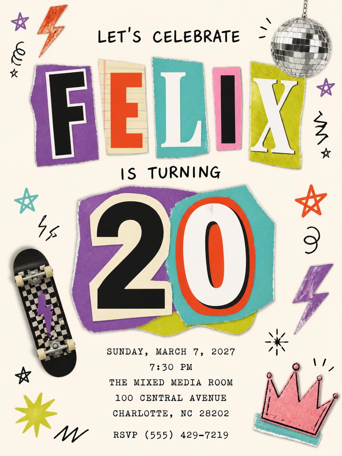 Retro Paper Collage 20th Birthday Invitation