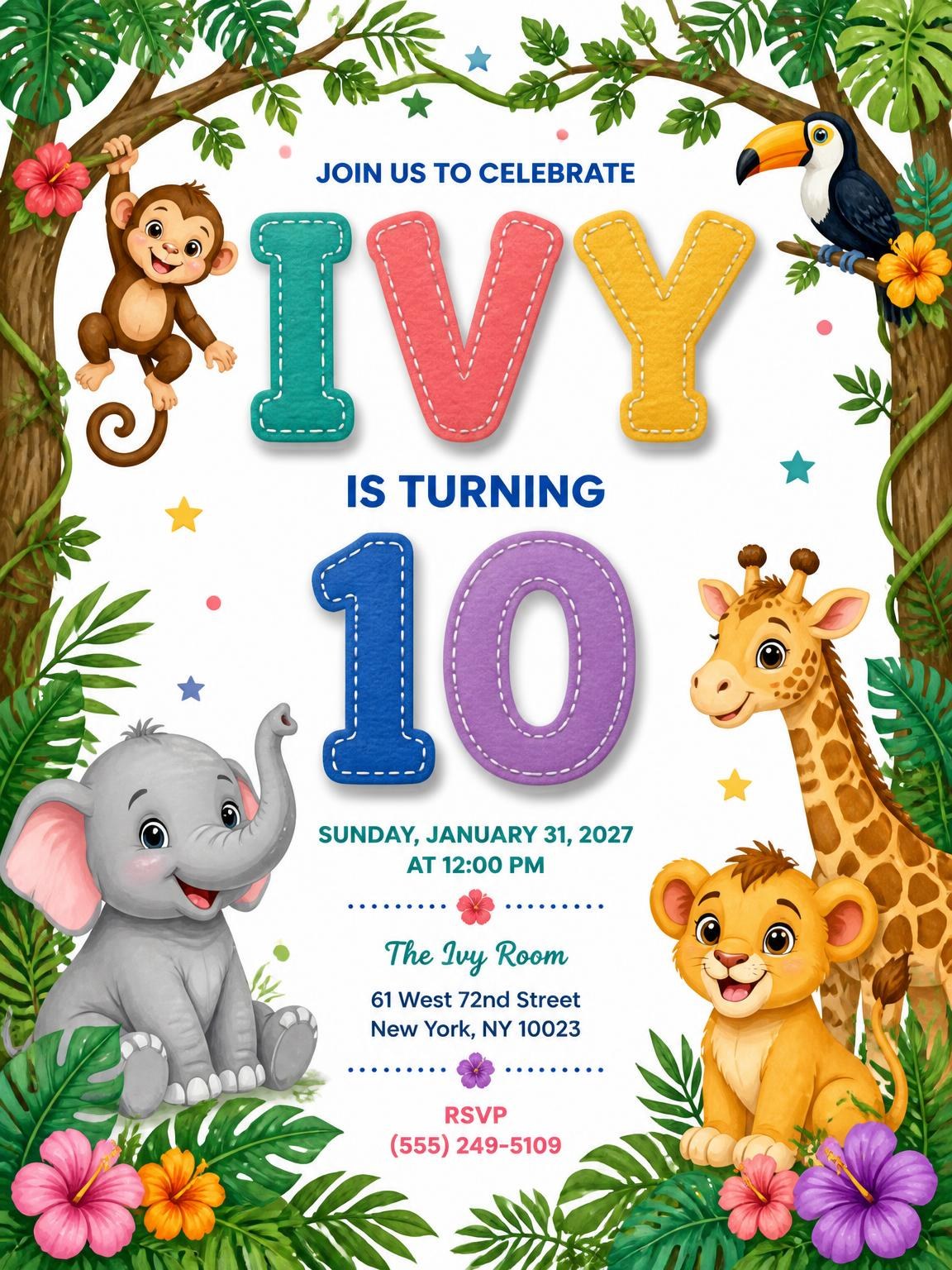 Stitched Safari 10th Birthday Invitation