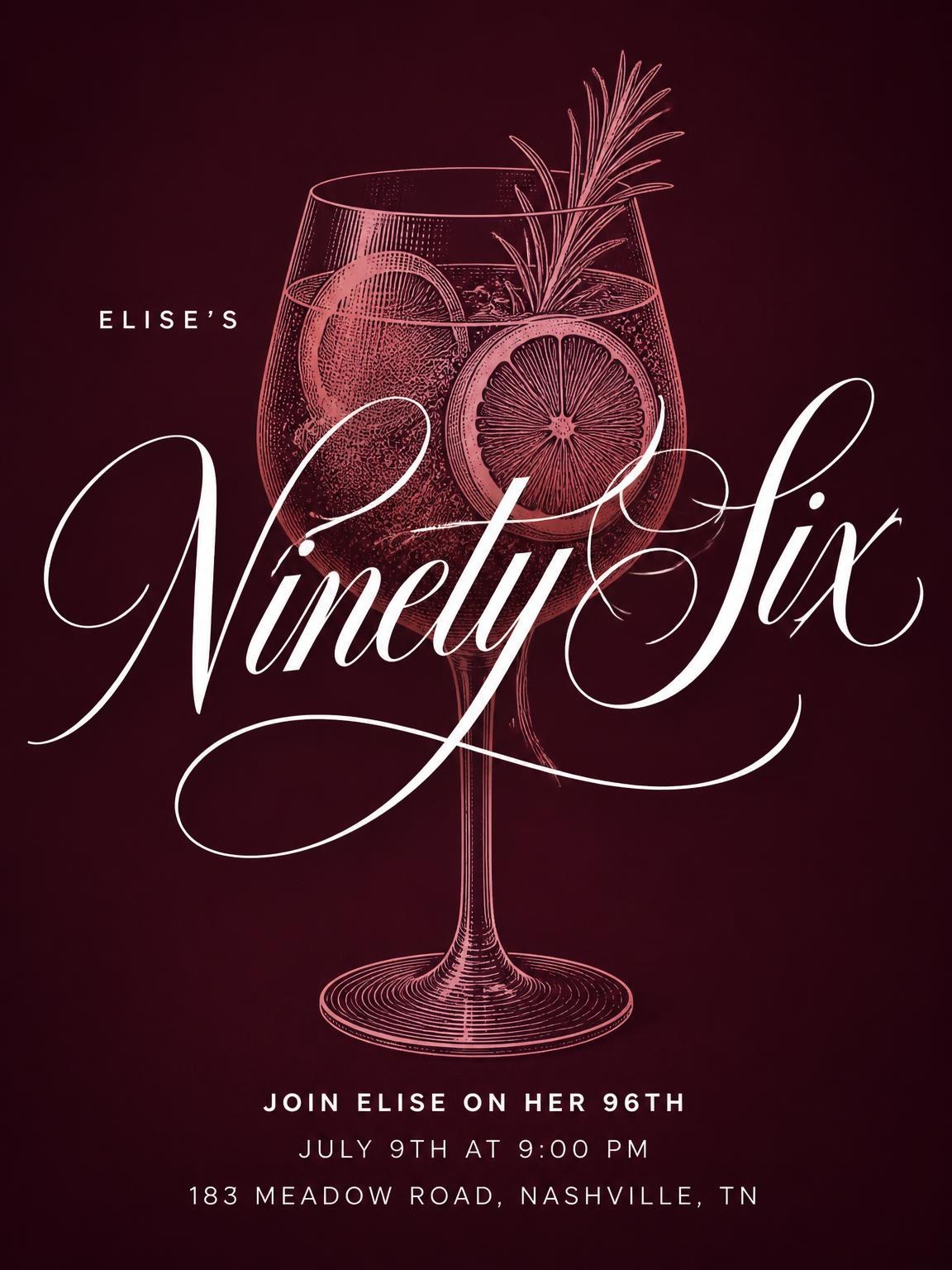 Burgundy Cocktail 96th Birthday Invitation