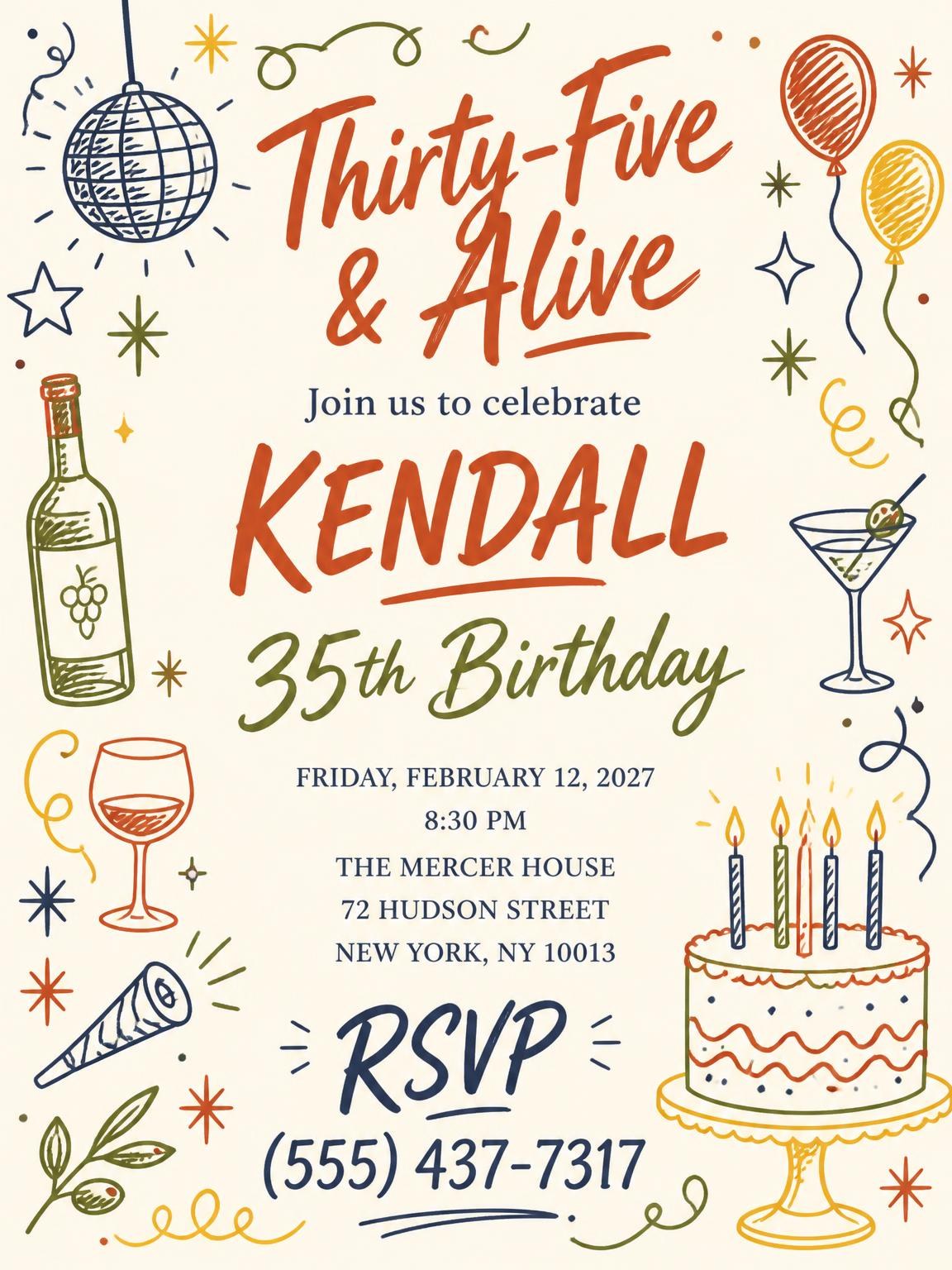 Retro Doodle 35th Birthday Invitation