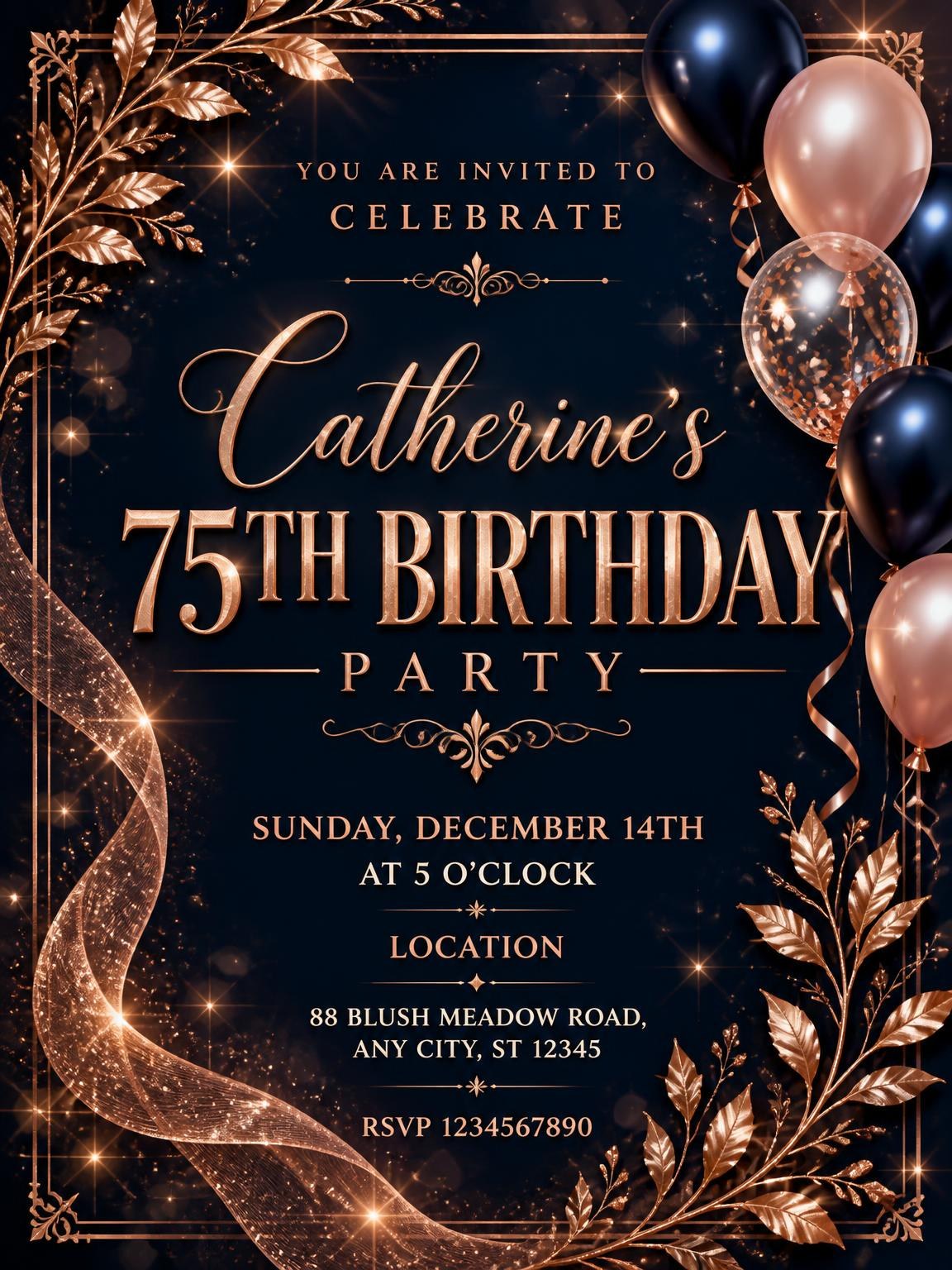Navy and Rose Gold 75th Birthday Invitation