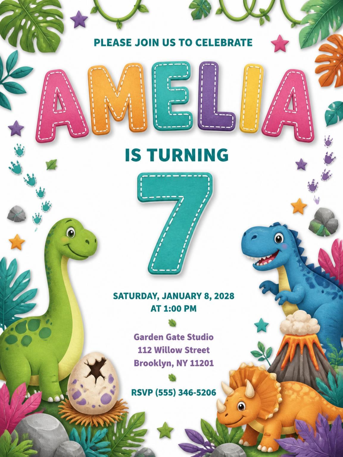 Stitched Dinosaur 7th Birthday Invitation