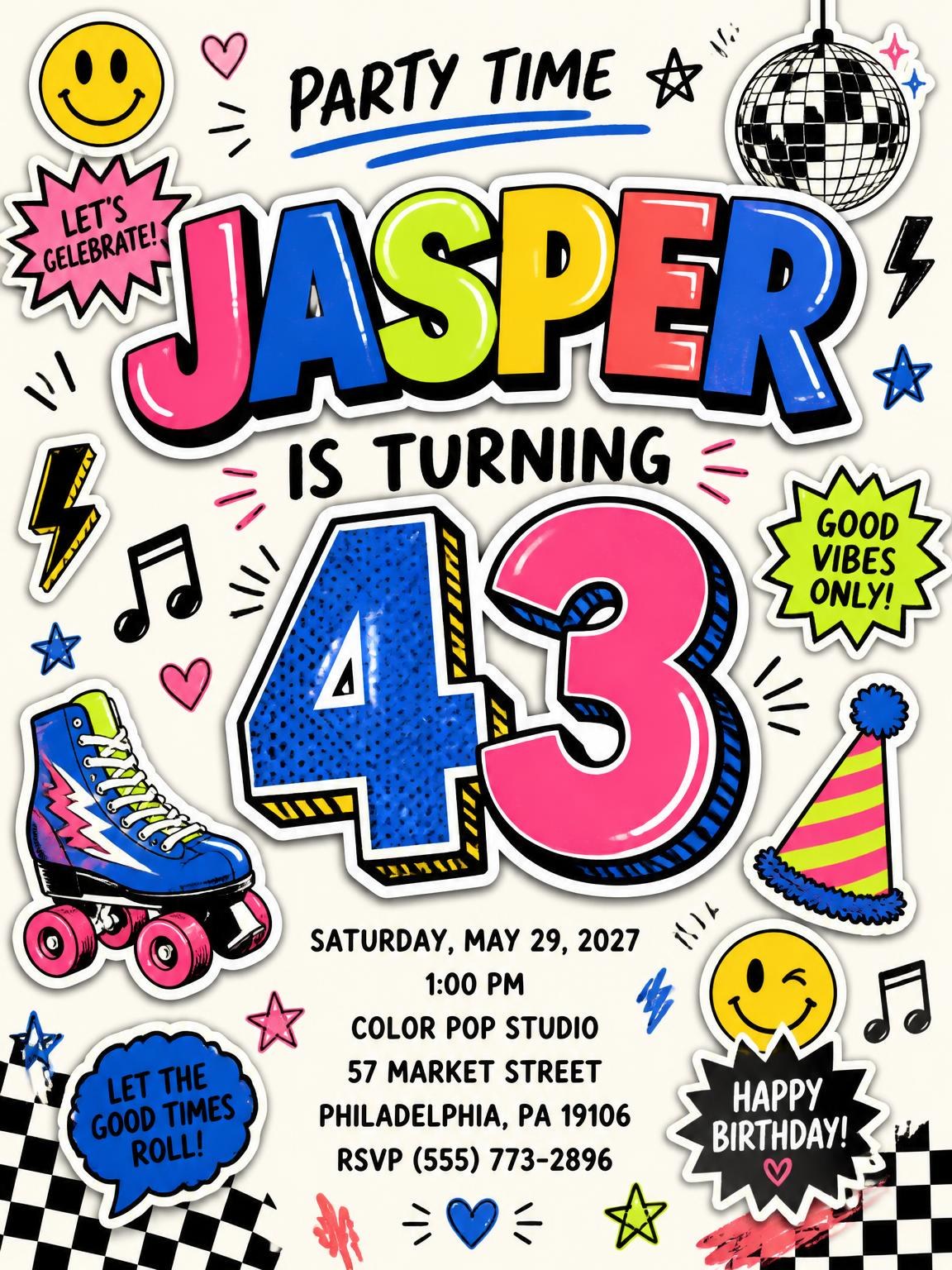 Sticker Pop 43rd Birthday Invitation