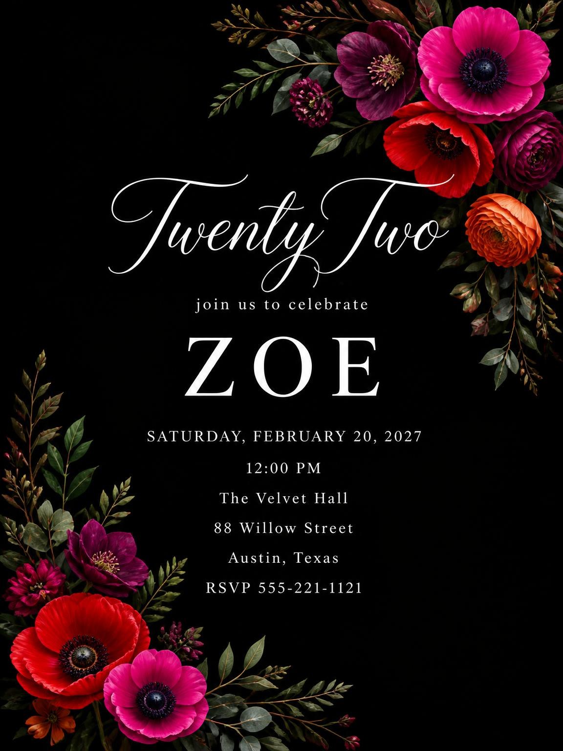 Black Floral 22nd Birthday Invitation