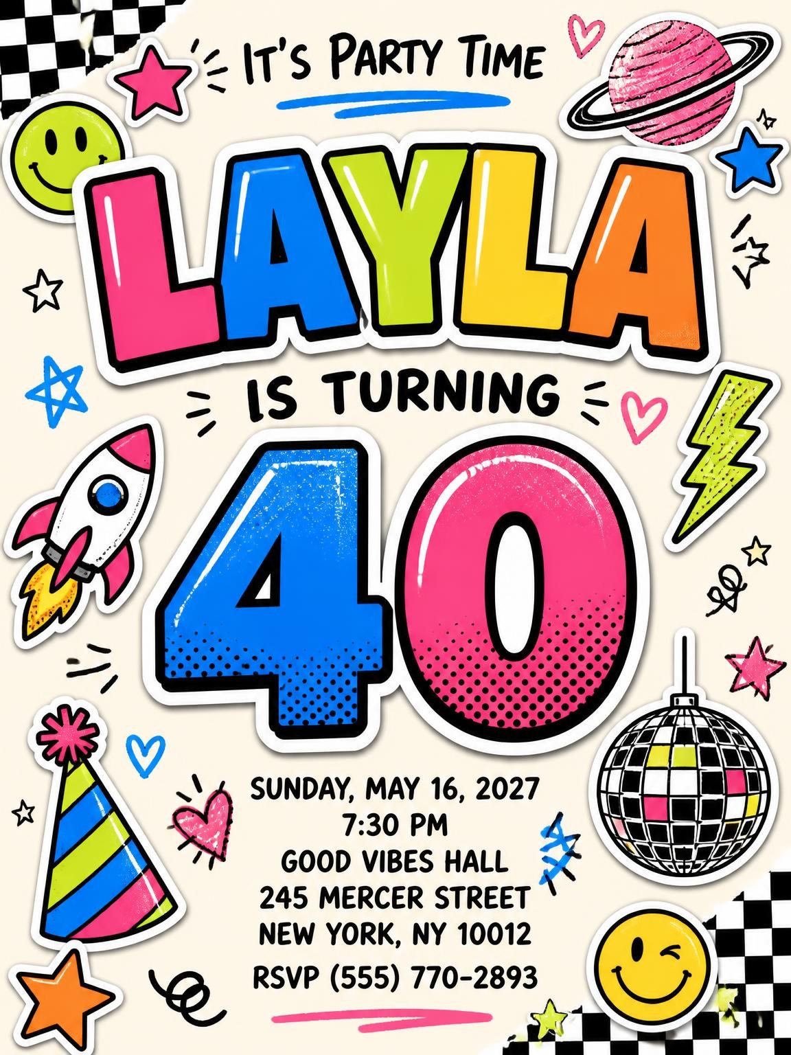 Sticker Pop 40th Birthday Invitation