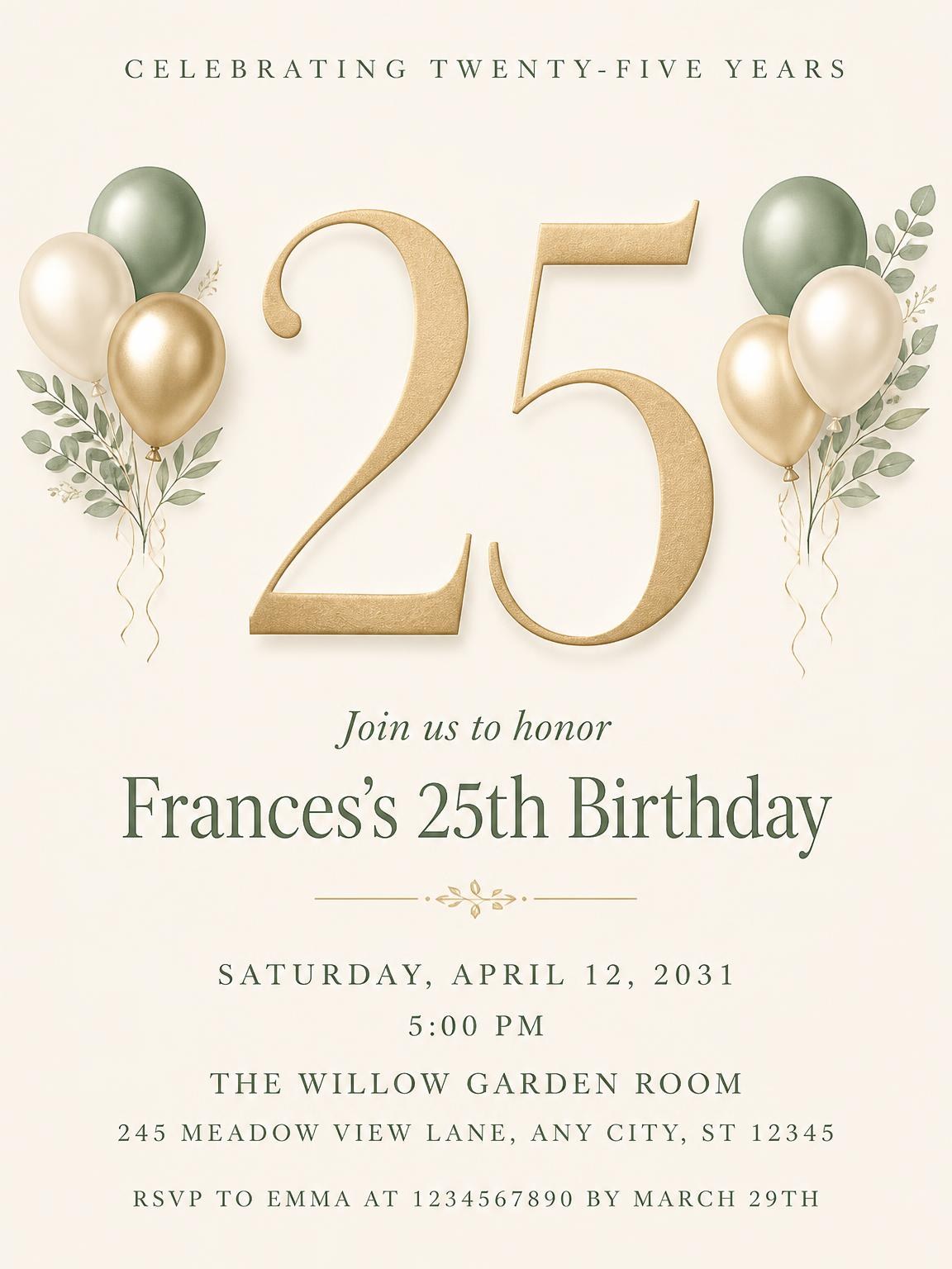 Sage and Ivory 25th Birthday Invitation