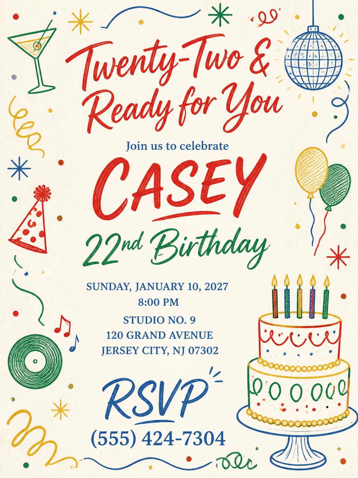 Retro Doodle 22nd Birthday Invitation
