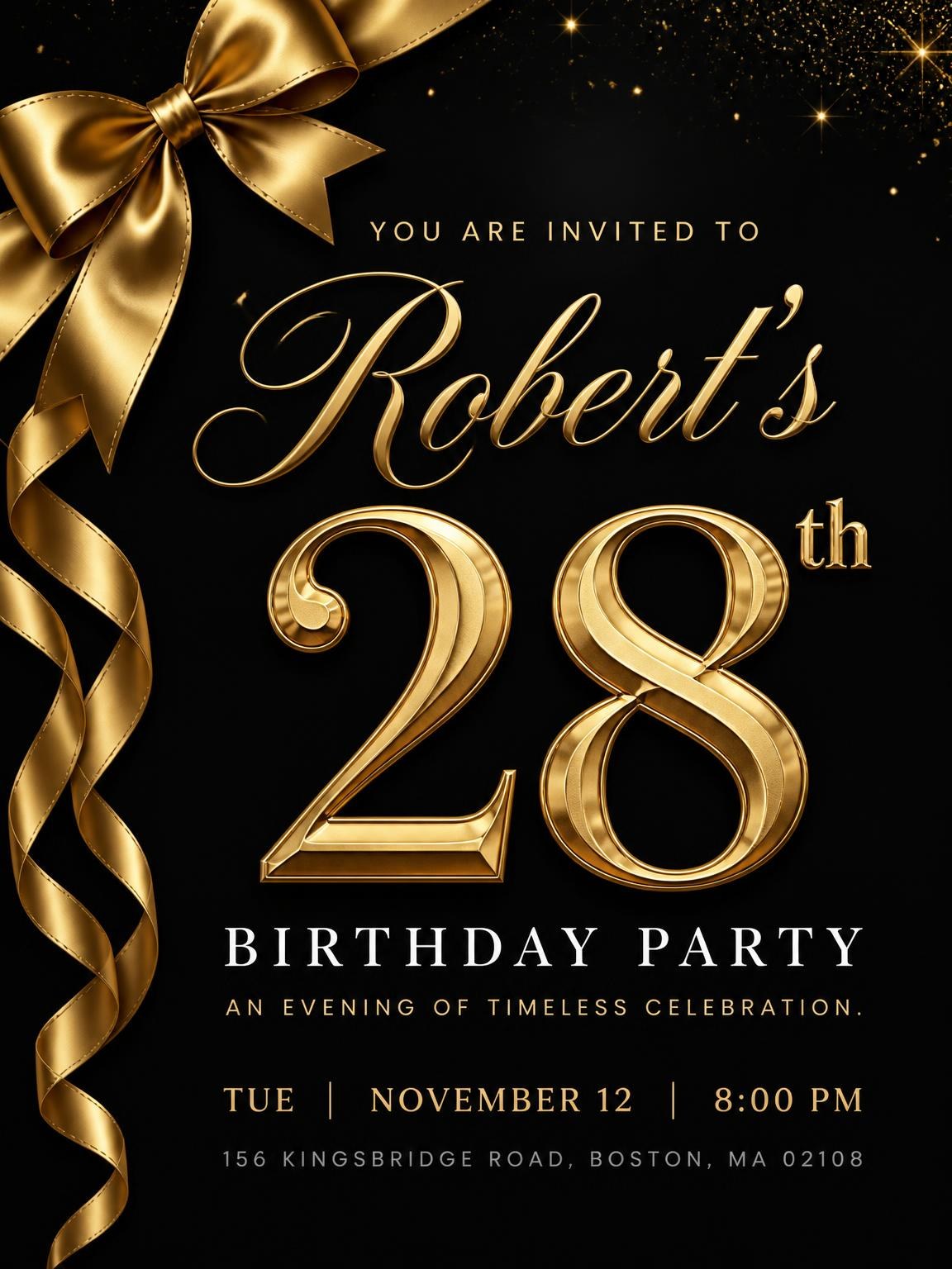 Black and Gold Ribbon 28th Birthday