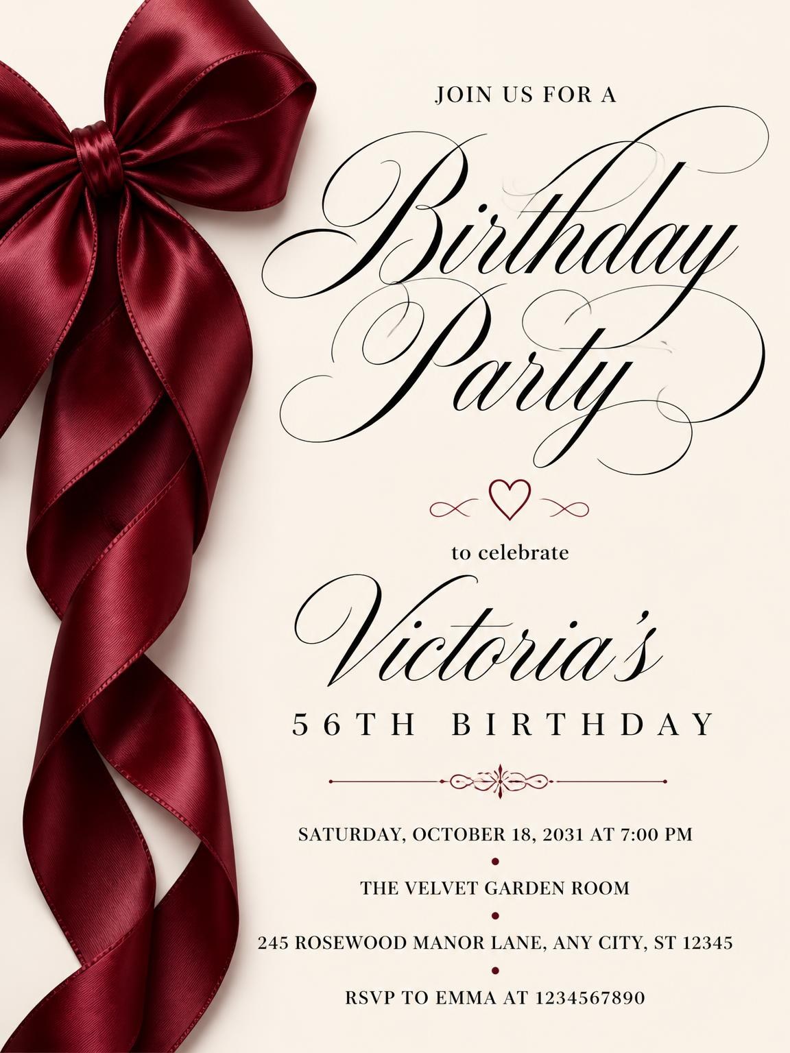 Burgundy Satin Bow 56th Birthday Invitation