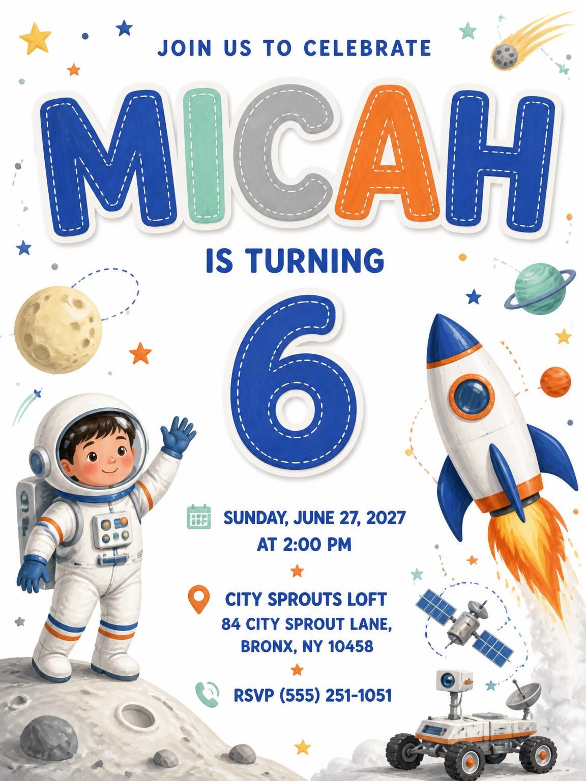 Rocket Ship Stitched 6th Birthday Invitation