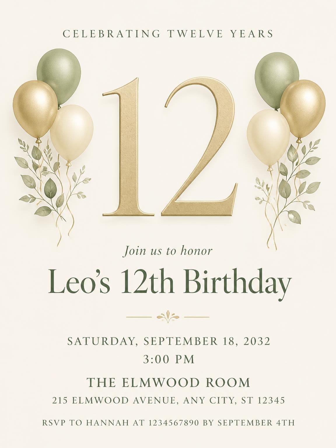 Sage and Ivory 12th Birthday Invitation