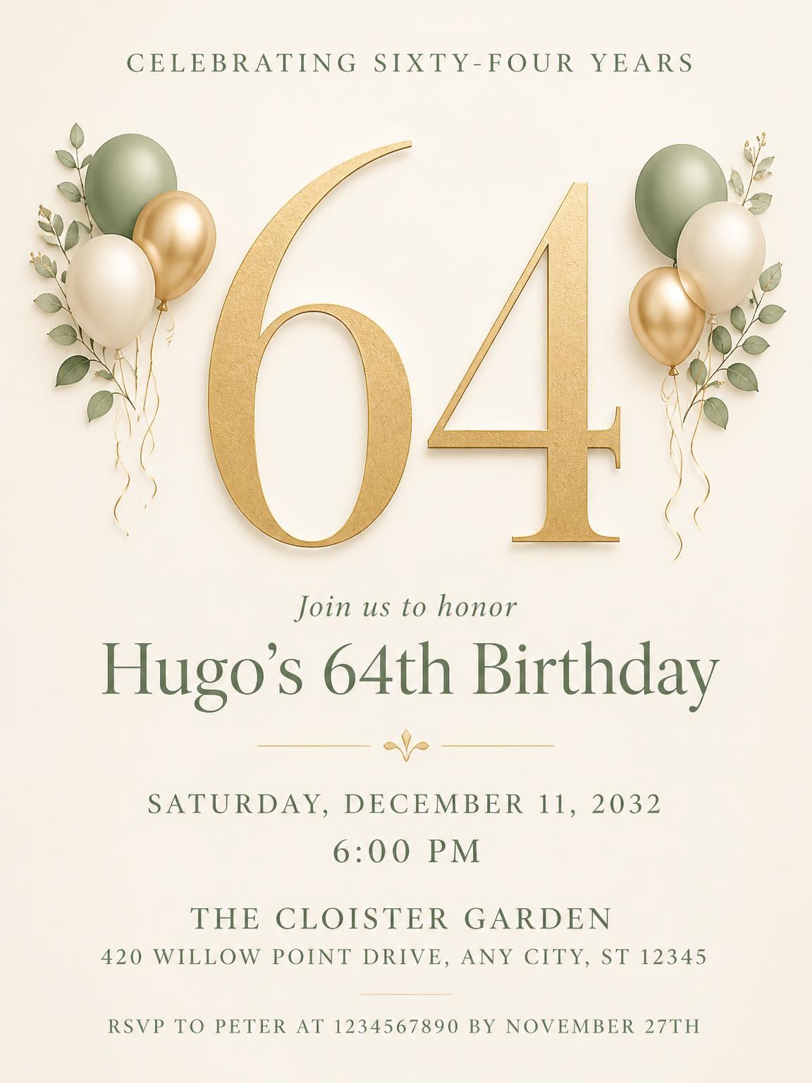 Sage and Ivory 64th Birthday Invitation