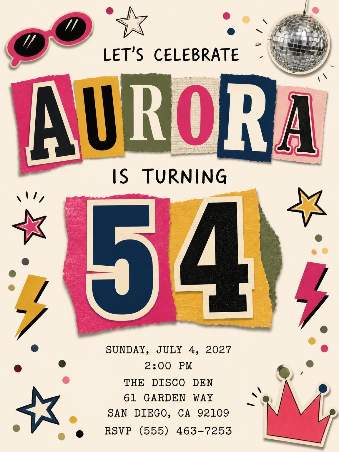 Retro Paper Collage 54th Birthday Invitation