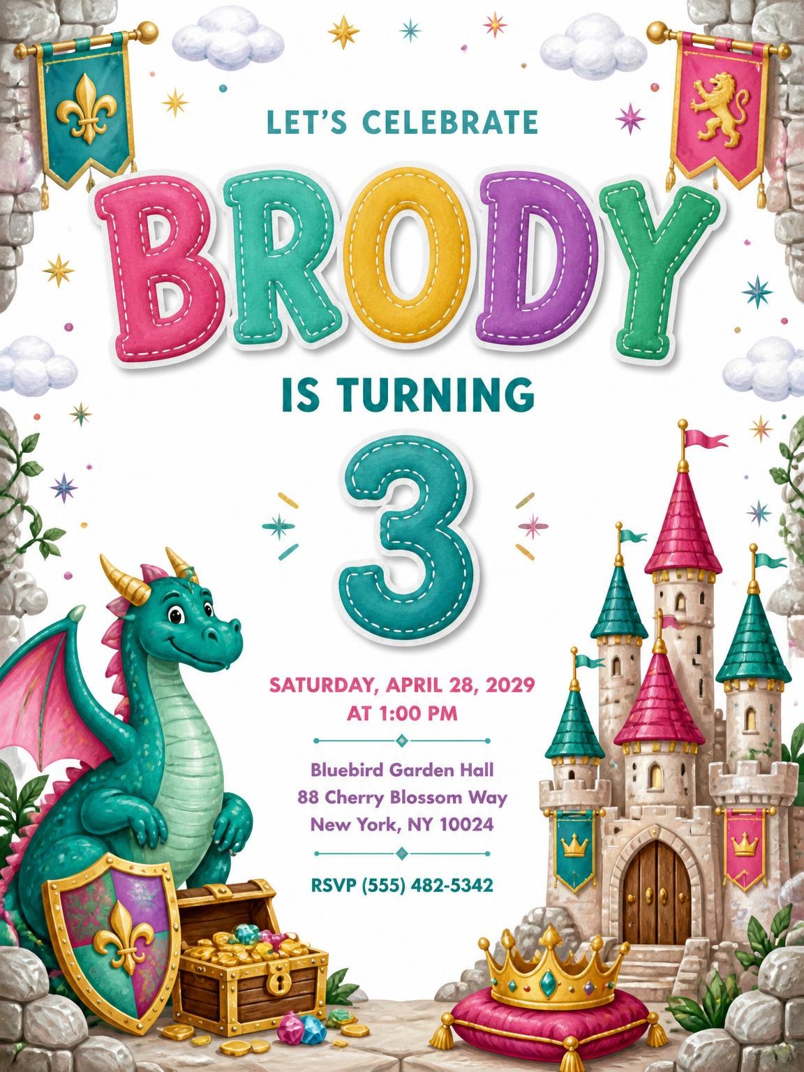 Stitched Dragon Castle 3rd Birthday Invitation