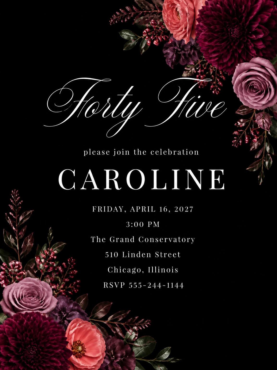 Black Floral 45th Birthday Invitation