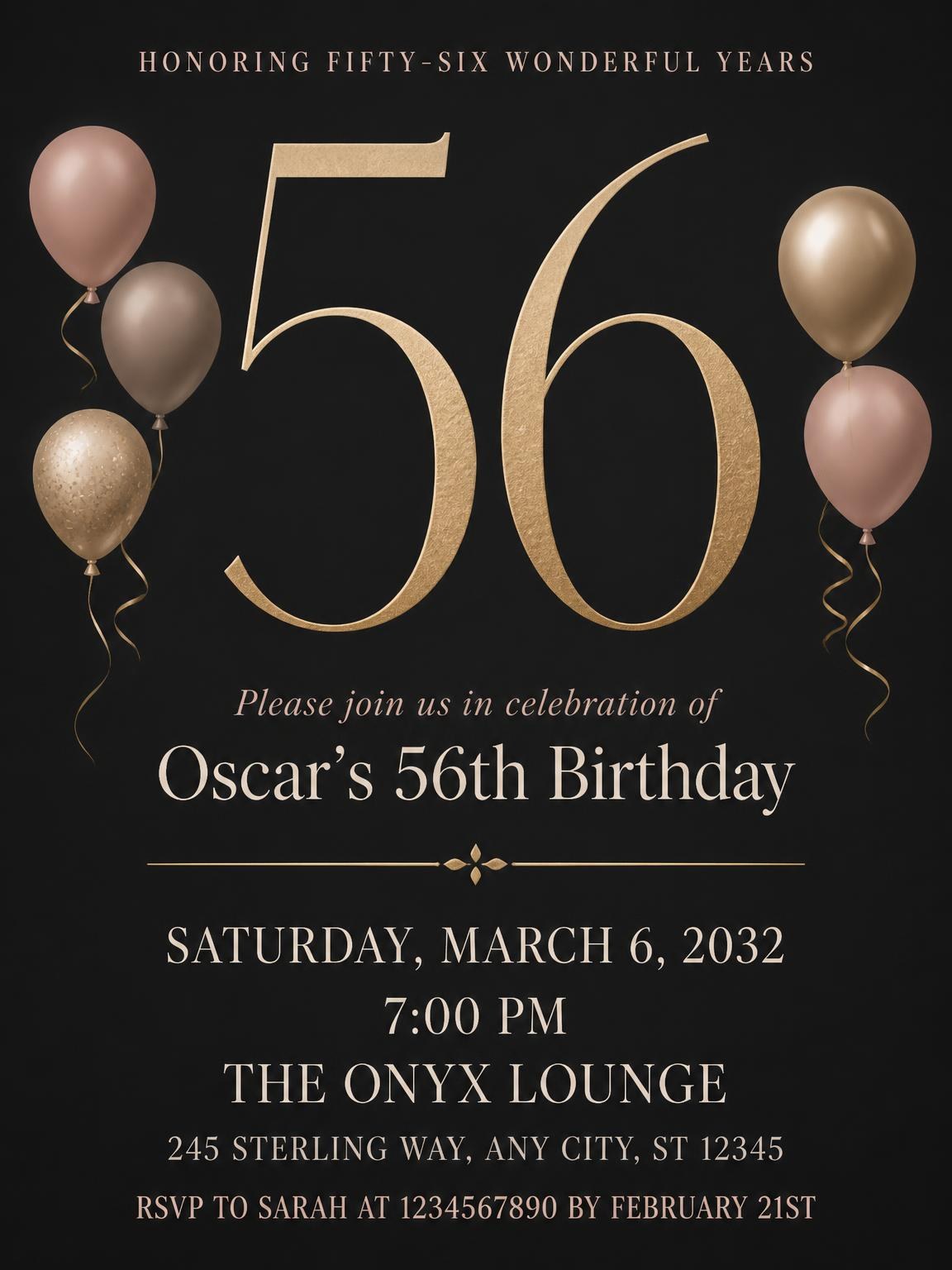 Charcoal and Blush 56th Birthday Invitation