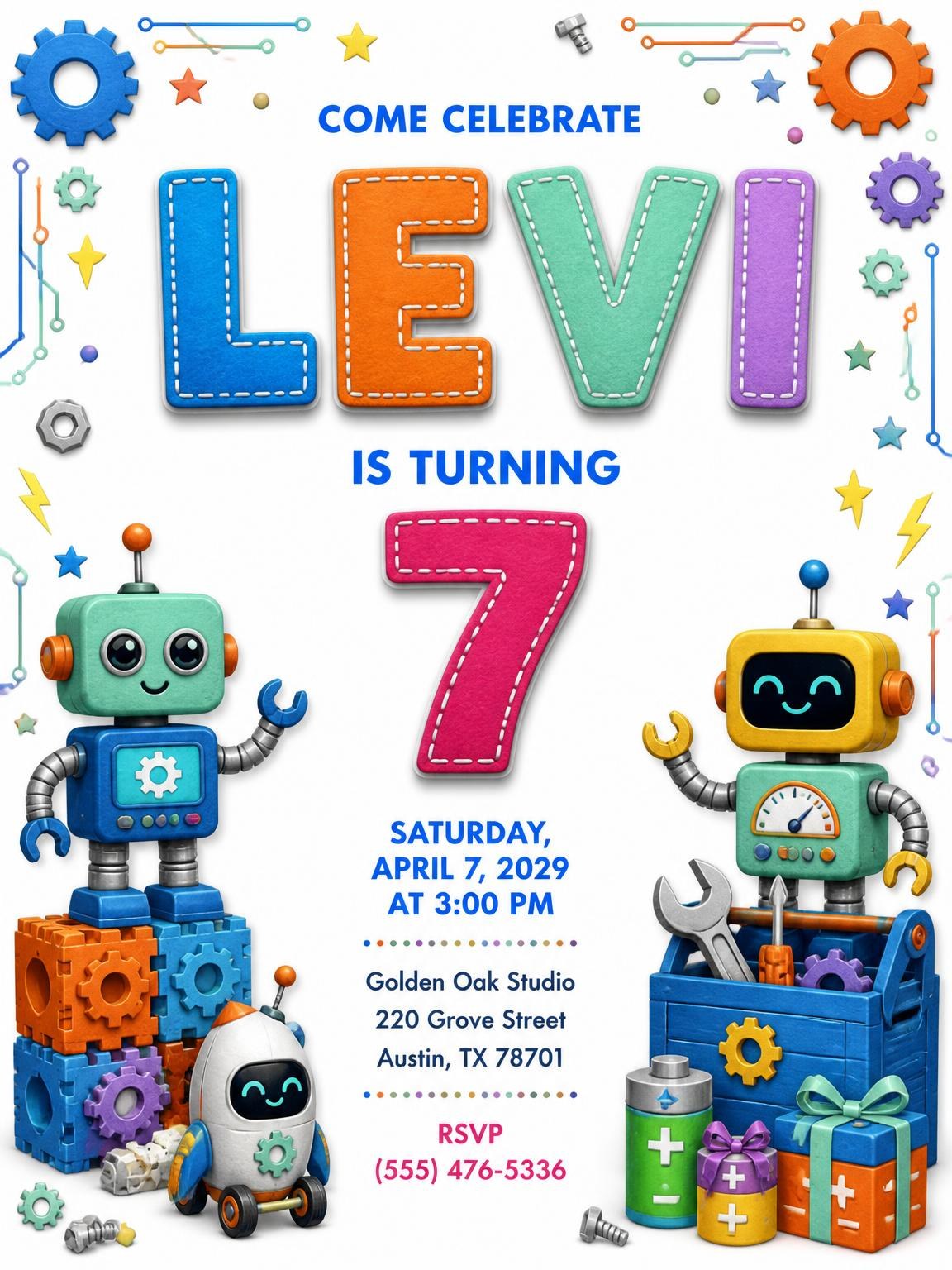 Stitched Robot 7th Birthday Invitation