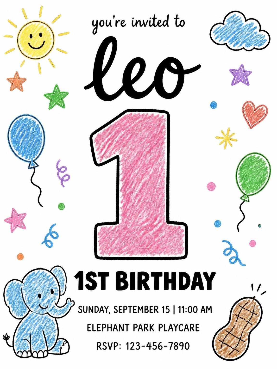 Crayon Elephant 1st Birthday Invitation
