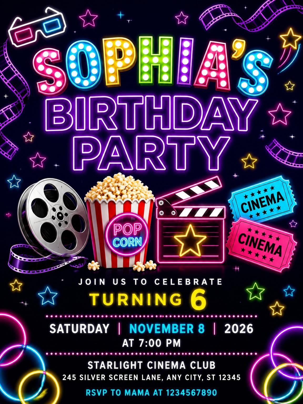 Neon Movie Night 6th Birthday Invitation