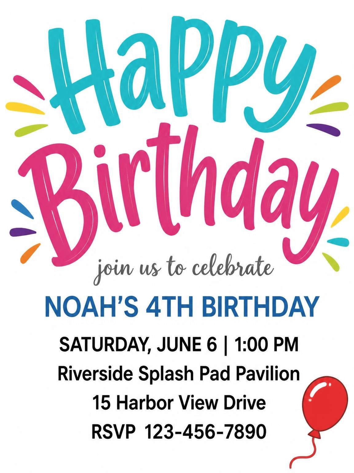 Colorful Balloon 4th Birthday Invitation