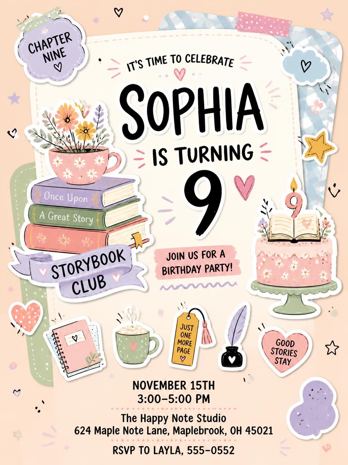 Teacup Pastel Scrapbook 9th Birthday Invitation