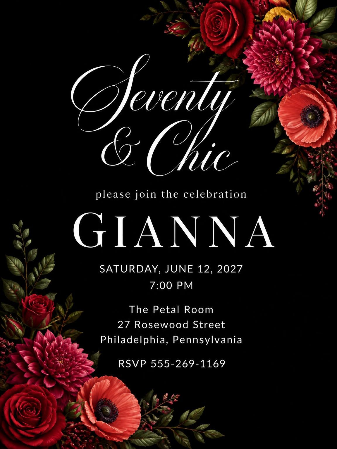 Black Floral 70th Birthday Invitation