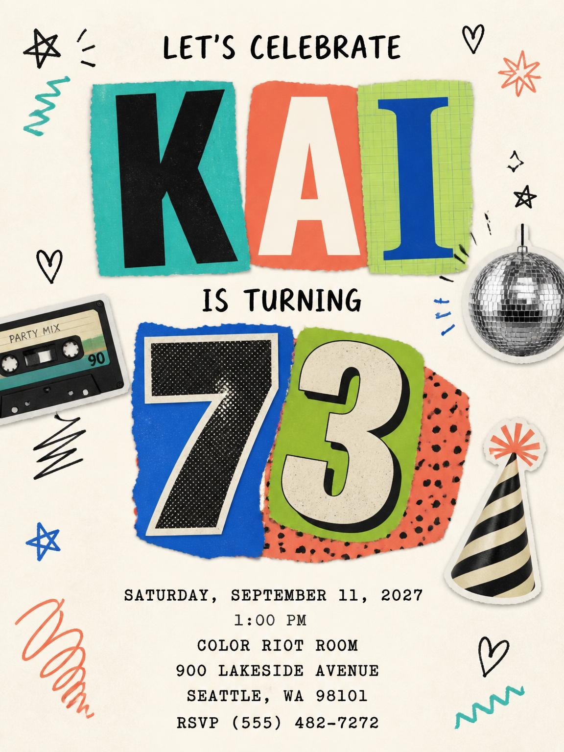 Retro Paper Collage 73rd Birthday Invitation