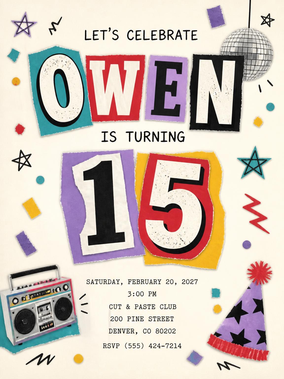 Retro Paper Collage 15th Birthday Invitation