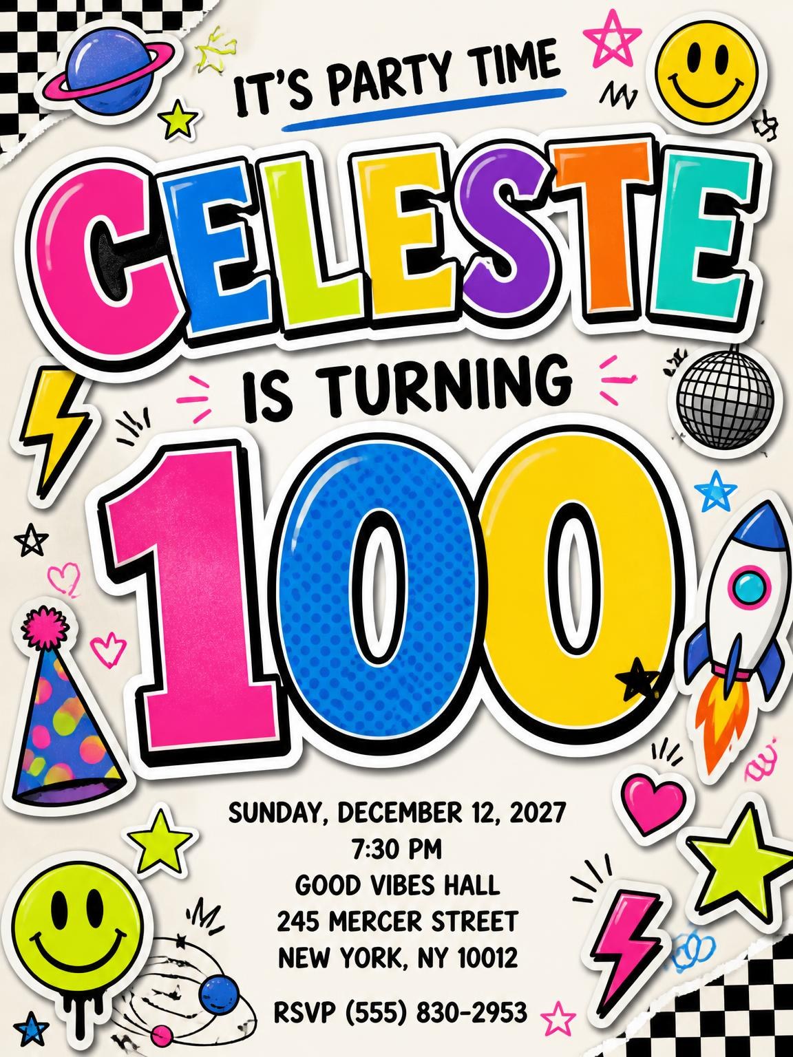 Sticker Pop 100th Birthday Invitation