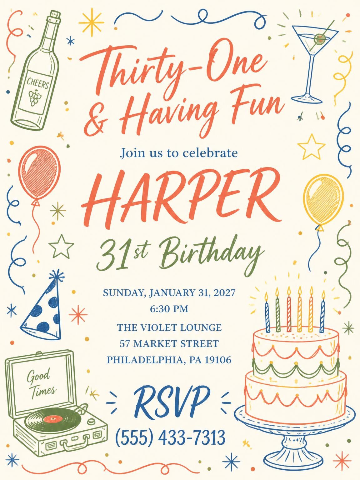 Retro Doodle 31st Birthday Invitation