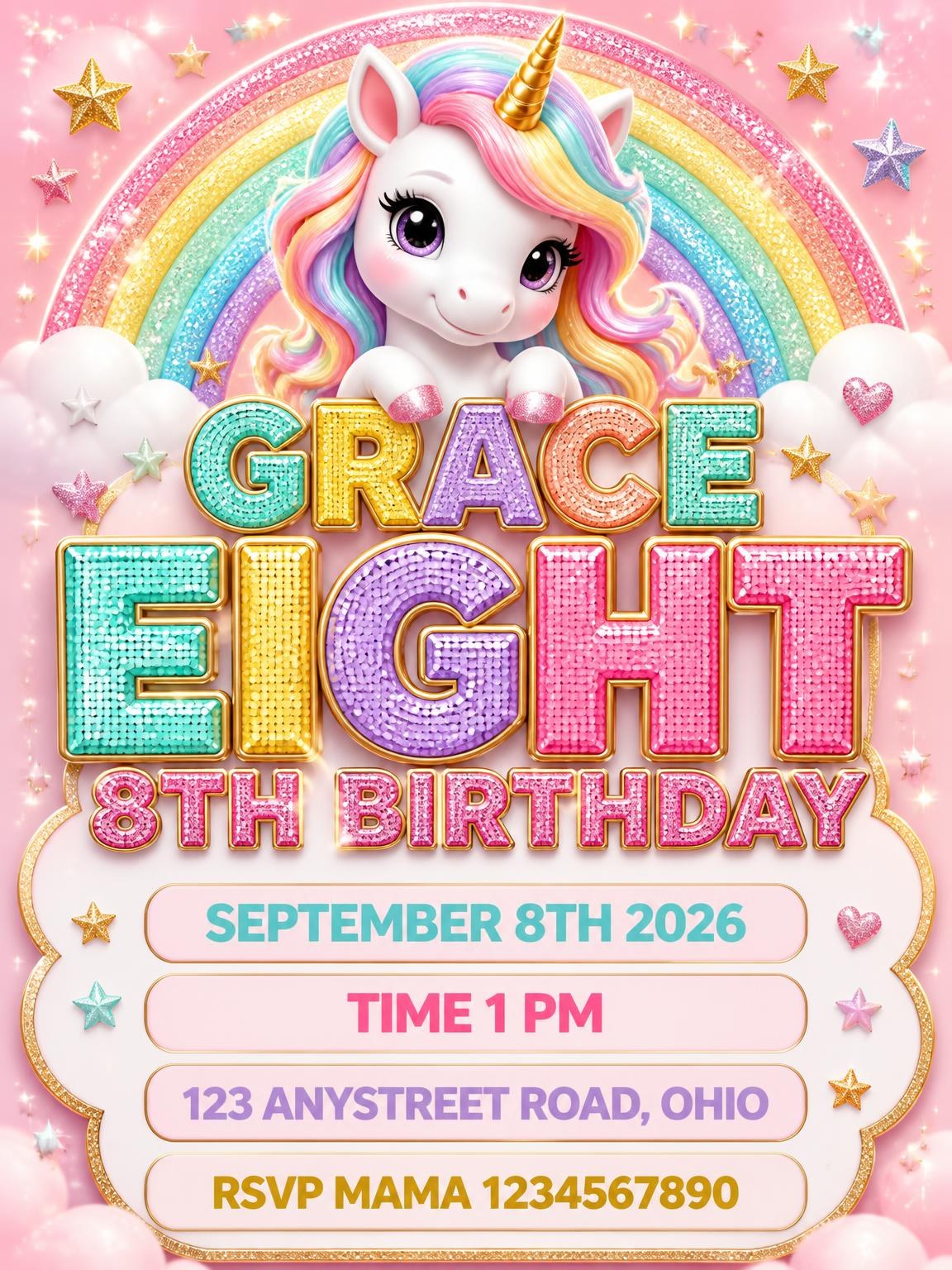 Glitter Unicorn 8th Birthday Invitation