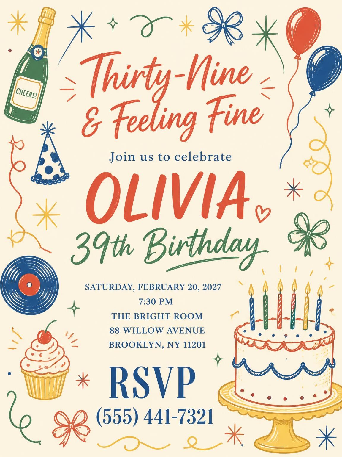 Retro Doodle 39th Birthday Invitation