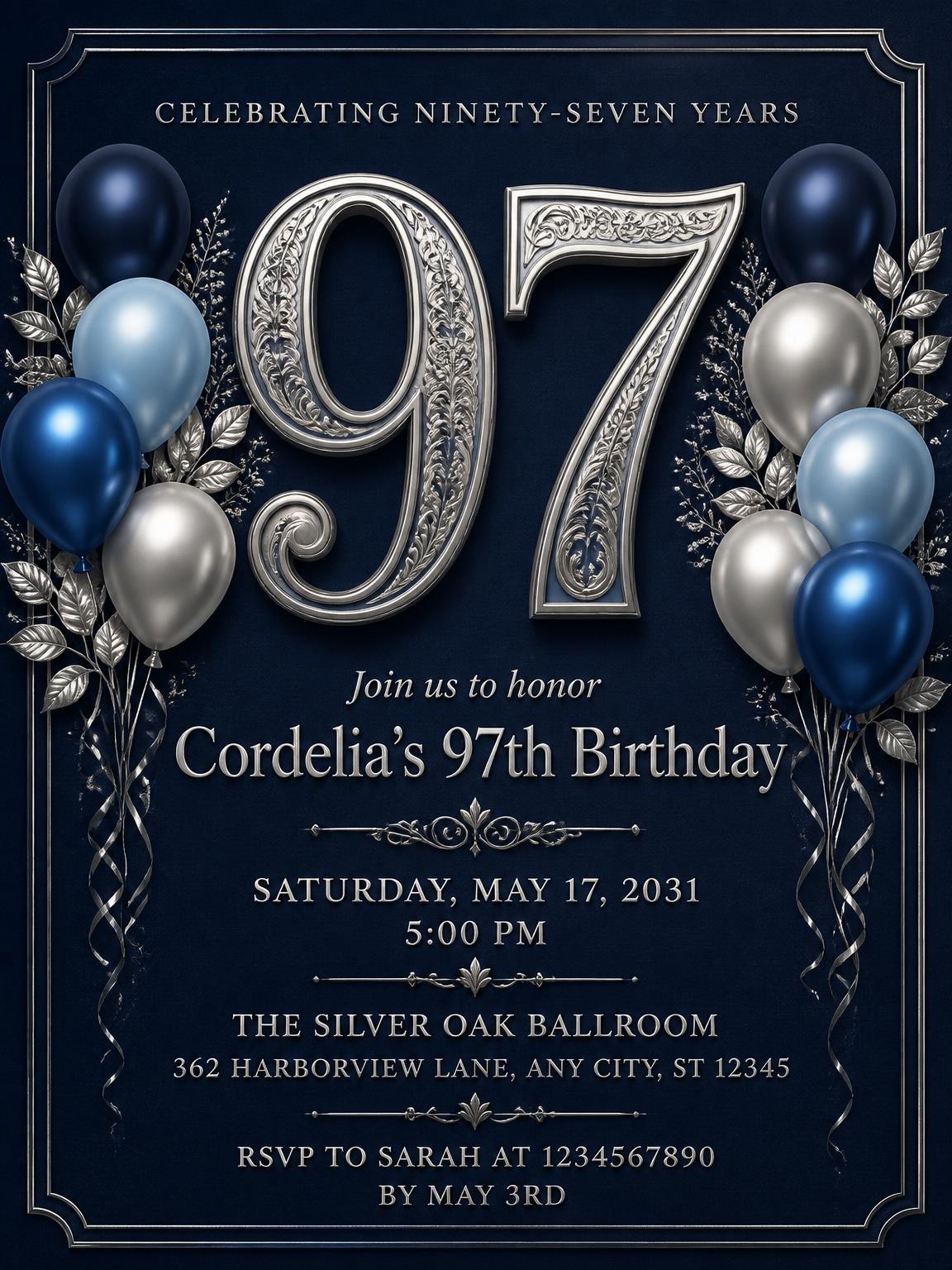 Navy and Silver 97th Birthday Invitation