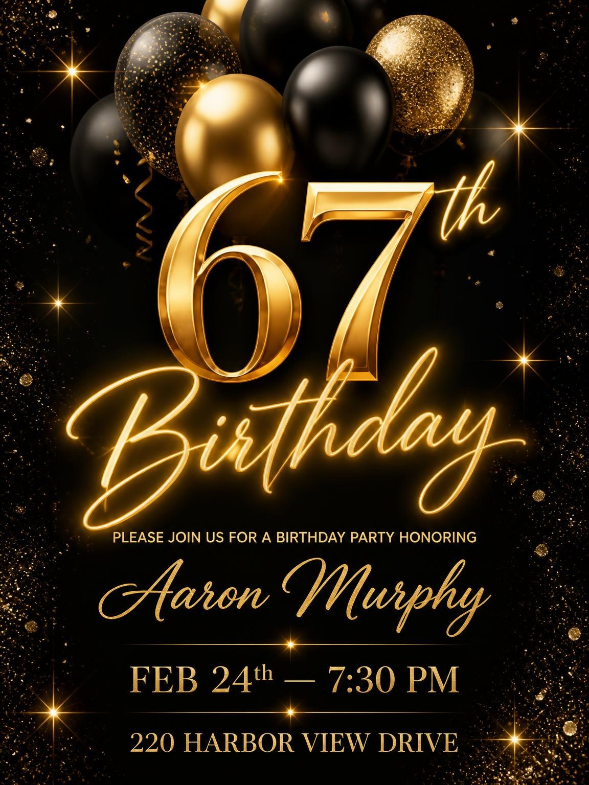 Black and Gold Balloon 67th Birthday