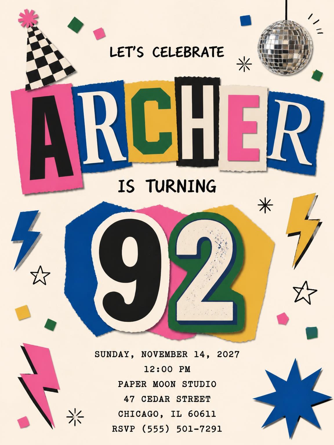 Retro Paper Collage 92nd Birthday Invitation