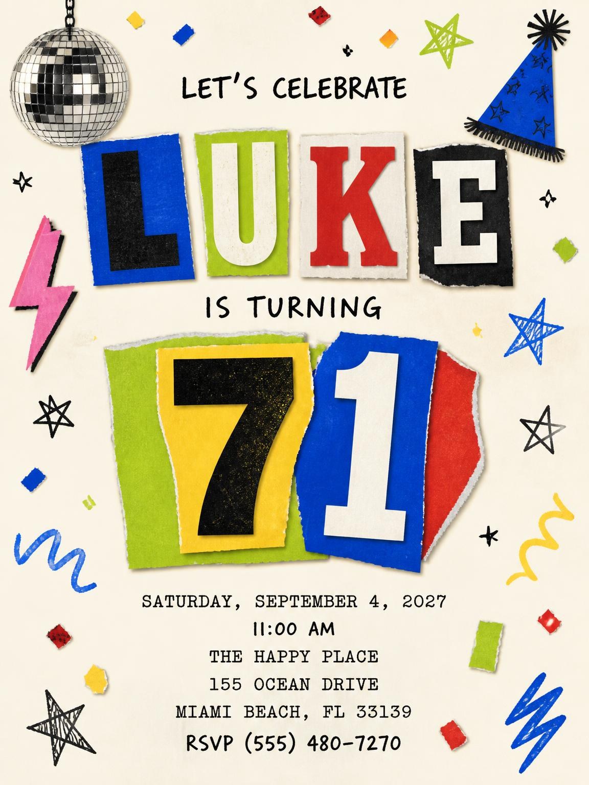 Retro Paper Collage 71st Birthday Invitation