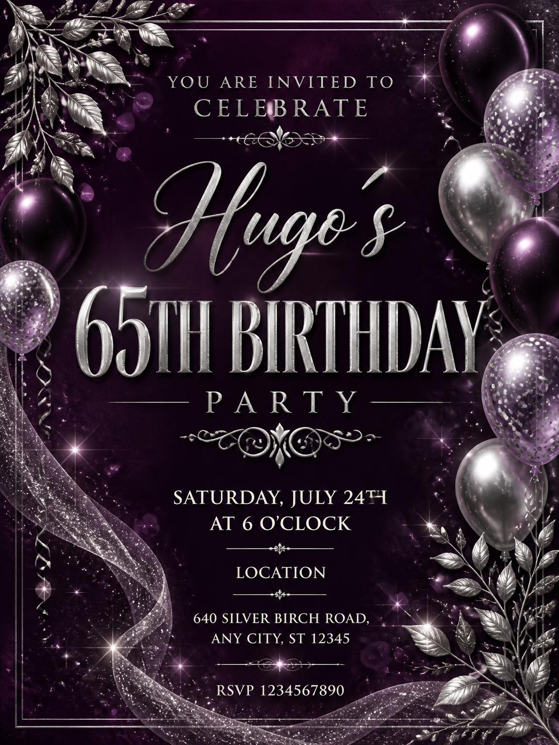 Plum and Silver 65th Birthday Invitation