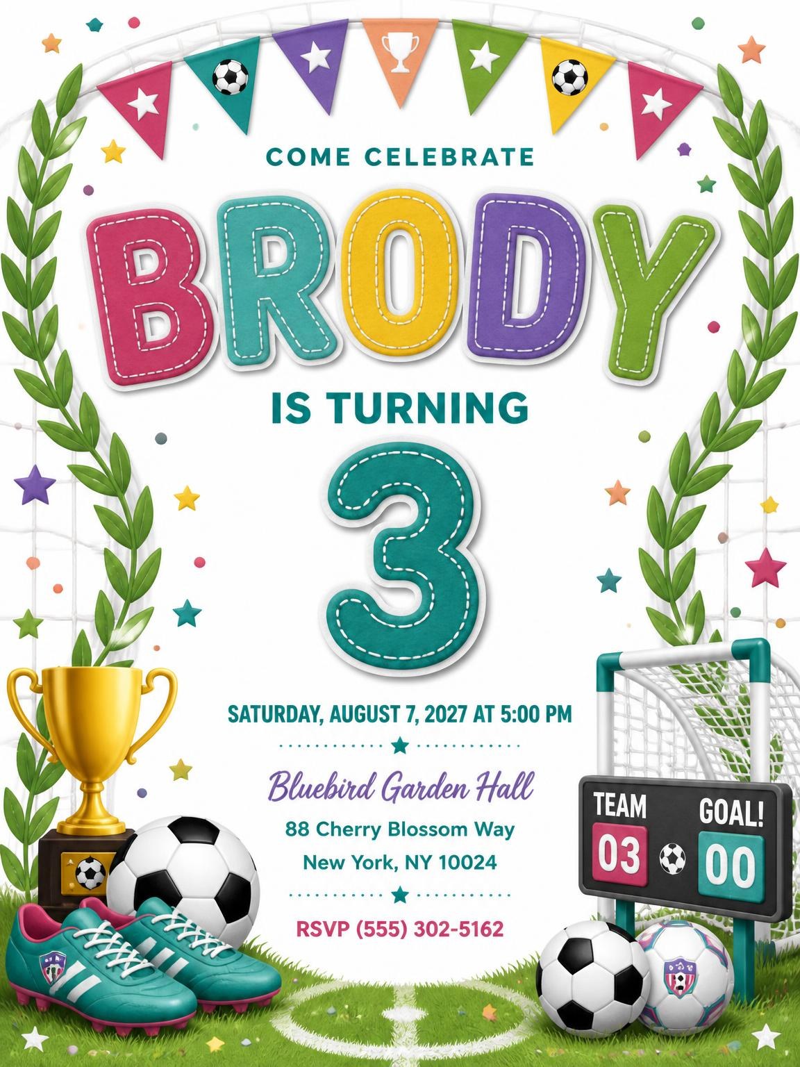 Stitched Soccer 3rd Birthday Invitation