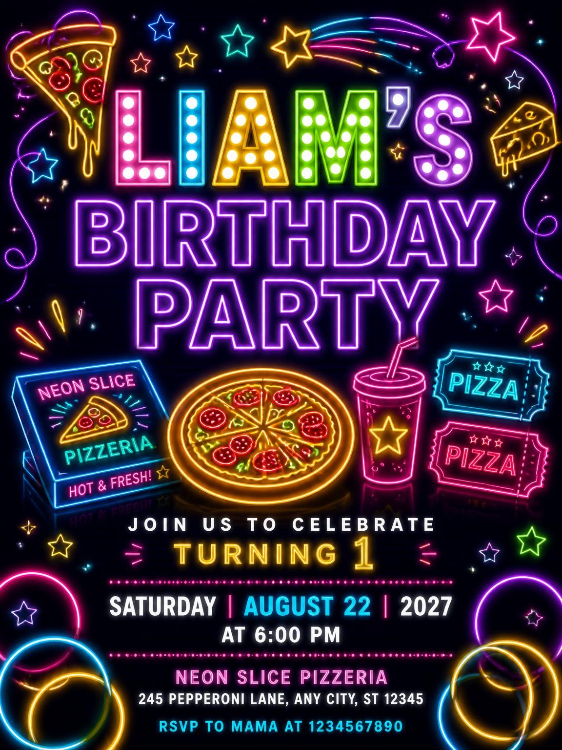 Neon Pizza 1st Birthday Invitation