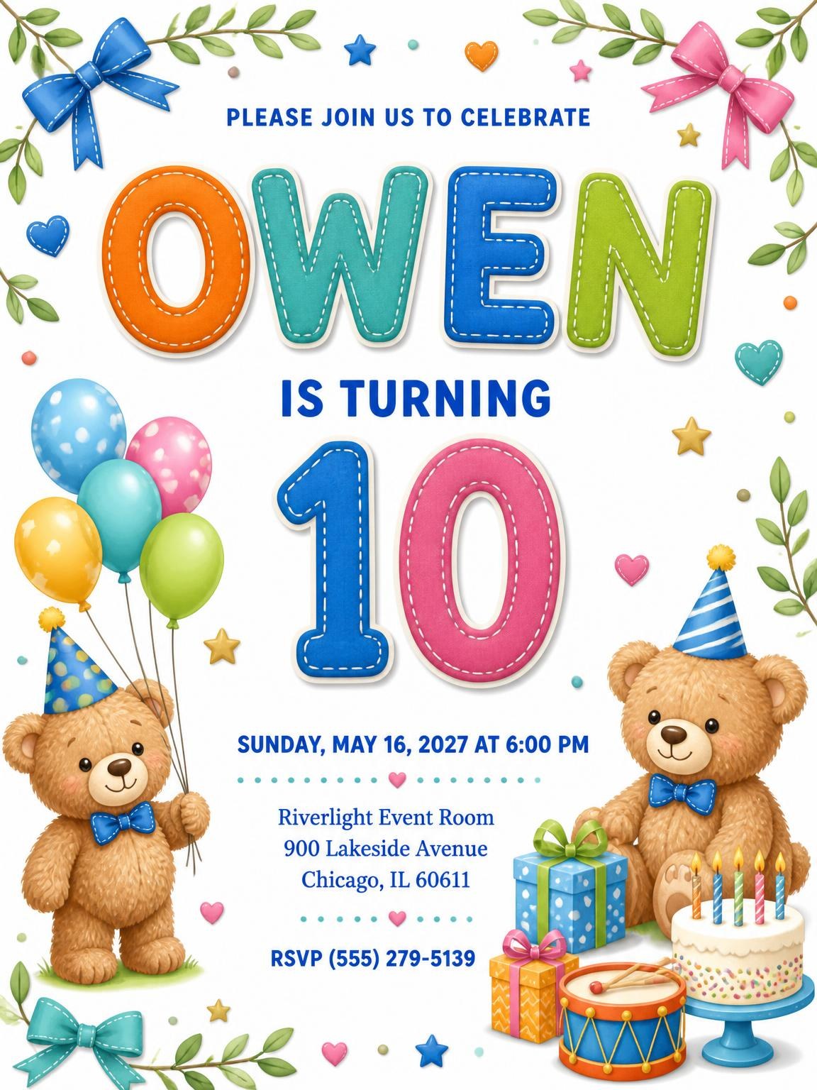 Stitched Teddy Bear 10th Birthday Invitation