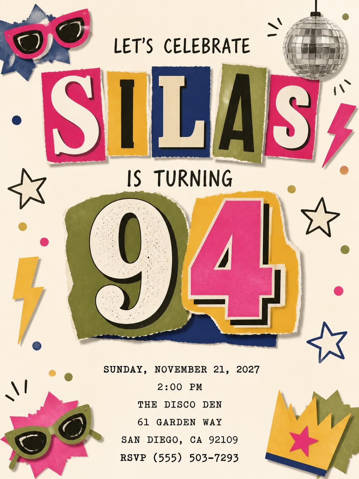 Retro Paper Collage 94th Birthday Invitation