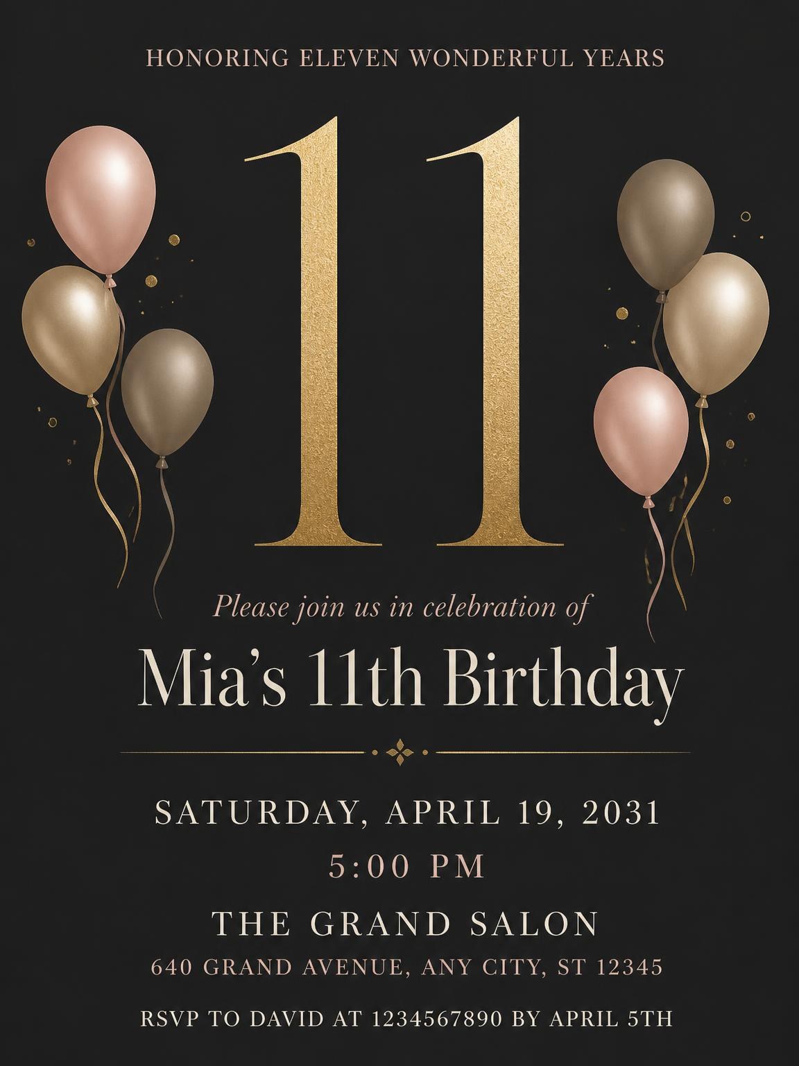 Charcoal and Blush 11th Birthday Invitation