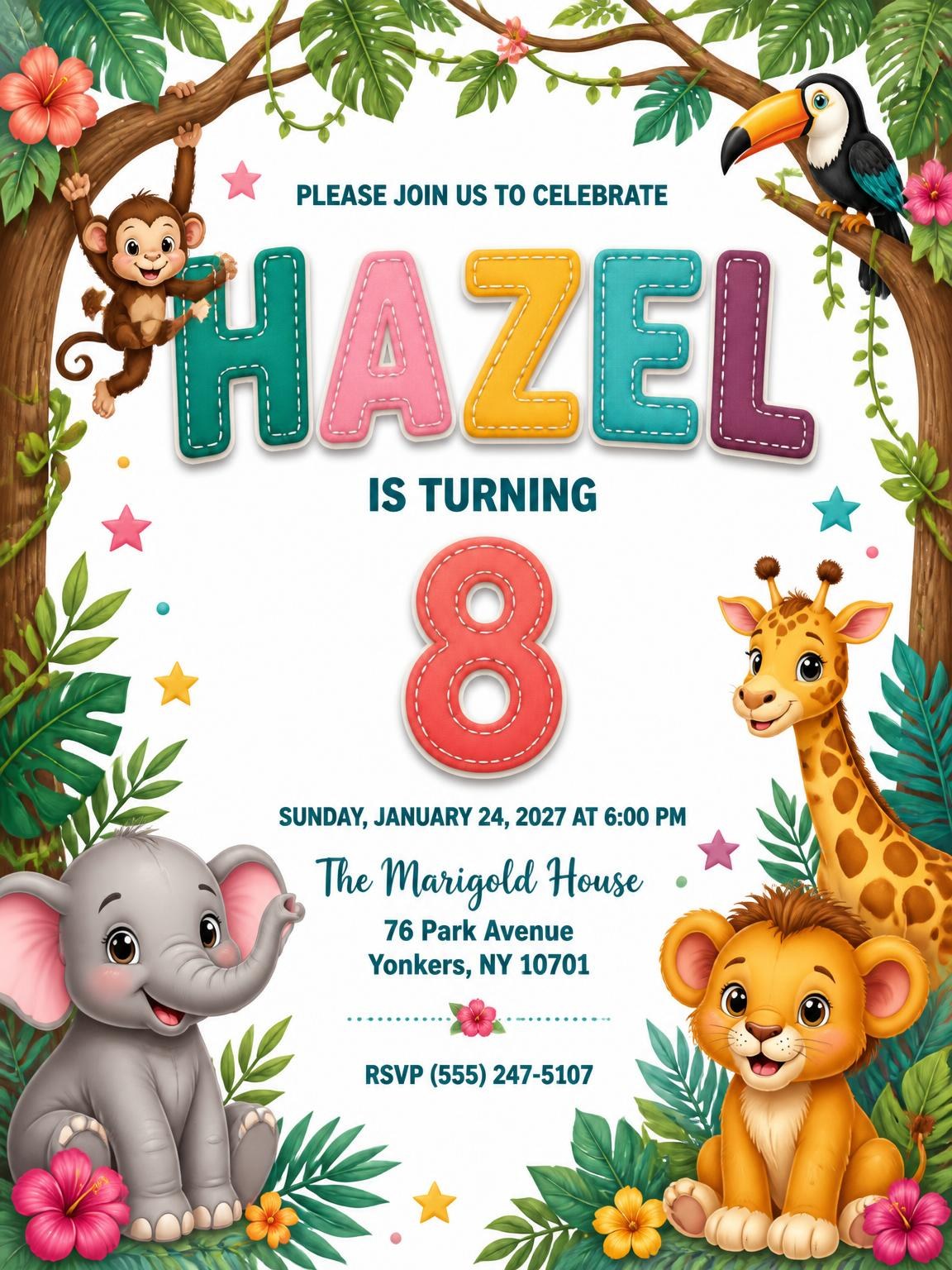Stitched Safari 8th Birthday Invitation